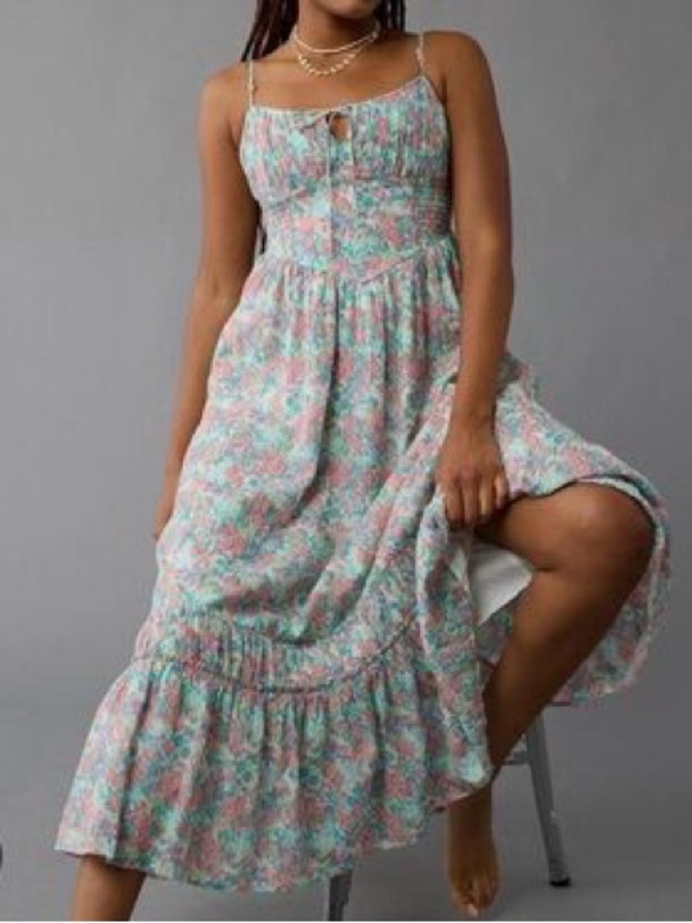 American Eagle - Colorful Floral Lined Spaghetti Strap Tiered Midi Dress Size XS